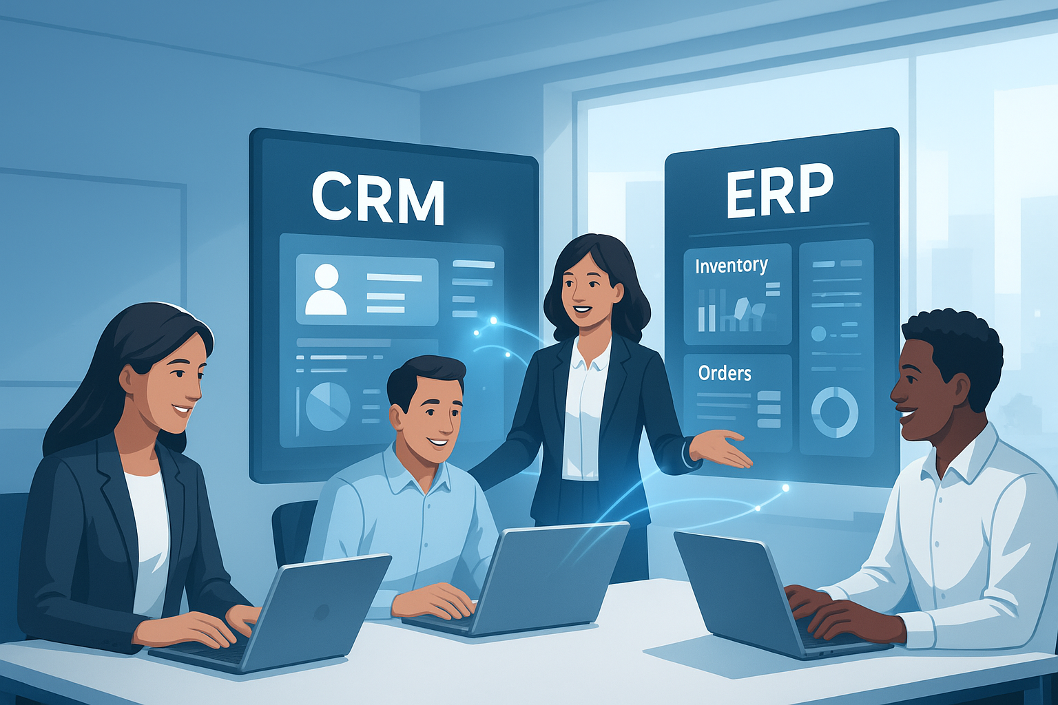 CRM and ERP systems sharing real-time business data on one dashboard