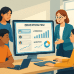 Students using an education CRM platform to track progress and receive support.