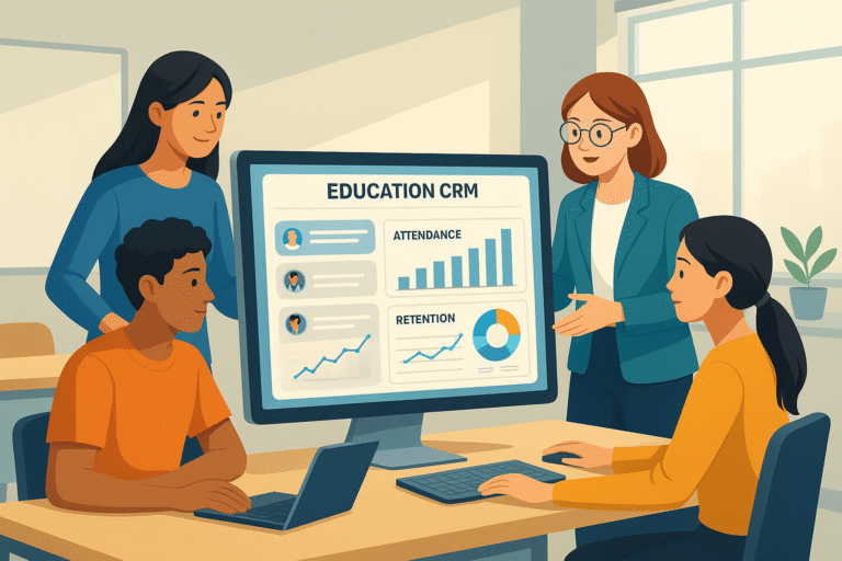 Students using an education CRM platform to track progress and receive support.