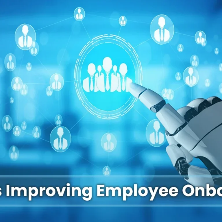 Robotic hand pointing at a digital interface with human icons, symbolizing AI-powered employee onboarding, automation, and smart analytics for modern HR systems.